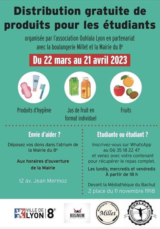 [Étudiants] Distributions gratuites de repas complets et de produits d'hygiène 3 jours par semaine du 22 mars au 21 avril - Lyon (69)