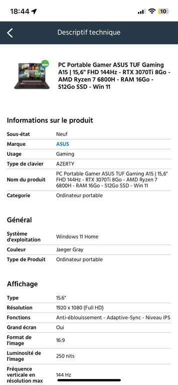 PC Portable 15.6" ASUS TUF Gaming A15 (90NR09J2-M003C0) - FHD 144Hz, AMD Ryzen 7 6800H, 16 Go de RAM, SSD 512 Go, RTX 3070Ti 8Go, Windows 11