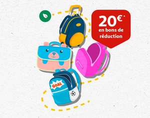 2 bons de réduction de 10€ (valable dès 50€ d'achats) offerts pour la reprise d'un sac à dos ou un cartable (Magasins participants)