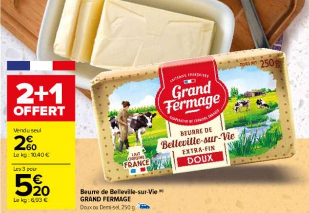 Lot de 3 paquets de beurre de Belleville-sur-vie Grand Fermage - 3 x 250g, doux ou demi-sel