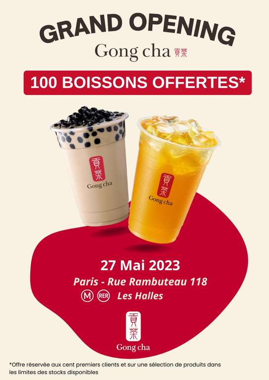 1 Boisson offerte pour les 100 premiers clients - Gong cha Paris (75)