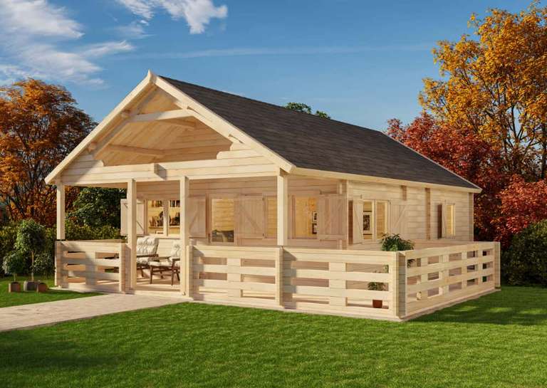Chalet en bois habitable avec terrasse Gustav - 33m², Epicéa, Épaisseur 44mm, Plancher inclus + Barbecue offert - (maison-et-jardin.fr)