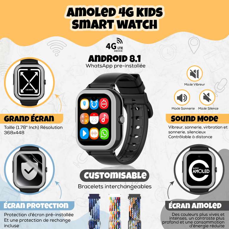 Montre connectée Noun-Home 4G GPS enfant écran Amoled (Via coupon - Vendeur tiers)