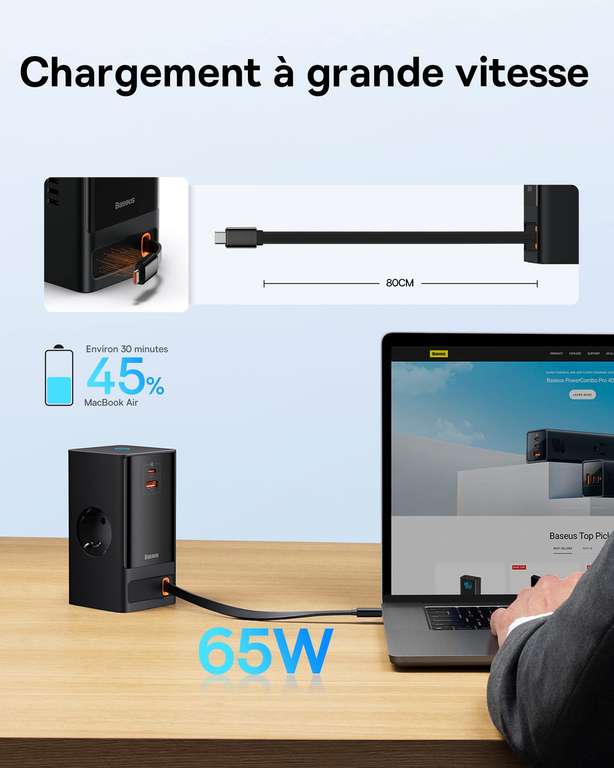 Chargeur Baseus 65W, GaN III Alimentation Multiple avec 2 Prises, USB-C et USB-A Chargeur Rapide avec câble (via coupon - vendeur tiers)