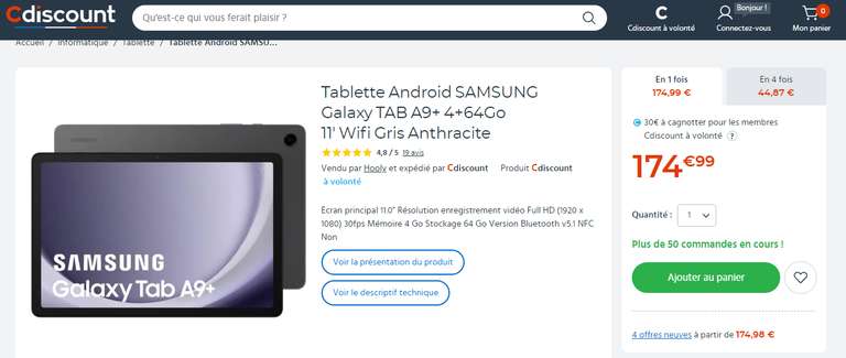 Tablette 11" Android Samsung Galaxy TAB A9+ - 4+64Go, Wifi Gris Anthracite (+30€ cagnotte CDAV, vendeur tiers)