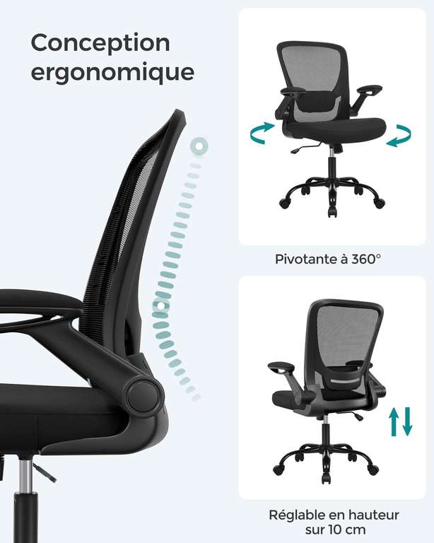 Chaise de bureau ergonomique SONGMICS - Support lombaire rembourré, mécanisme à Bascule, Accoudoirs rabattables - Noir (Vendeur tiers)