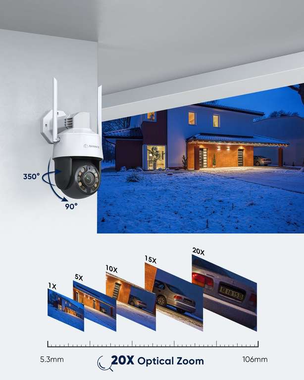 Caméra de surveillance extérieure PTZ WiFi SANNCE - 2.5K (2592x1944), 5MP, Zoom optique 20X, Vision nocturne couleur, RTSP & ONVIF