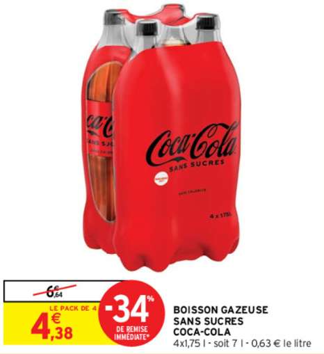 Pack de 4 bouteilles de Coca Cola Zéro - 4 x 1.75L