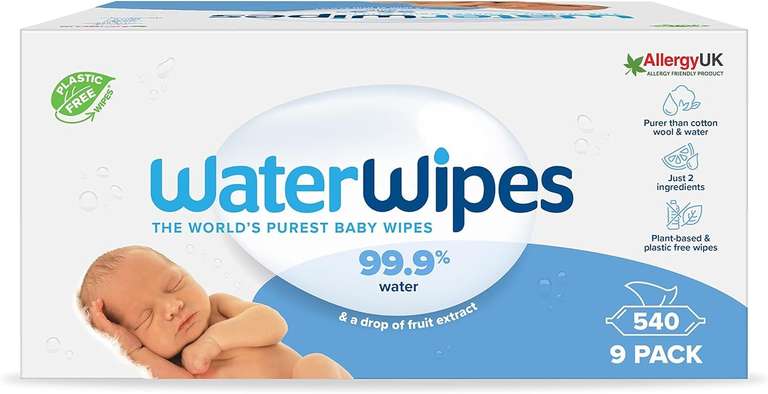 Pack Lingettes Bébés WaterWipes - 9 paquets de 60 (540 unités) - Pour peaux sensibles