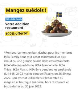 [Ikea Family] Remboursement en BA de votre addition au restaurant pour tout achat minimum d’un plat chaud ou grande salade - Ile de France