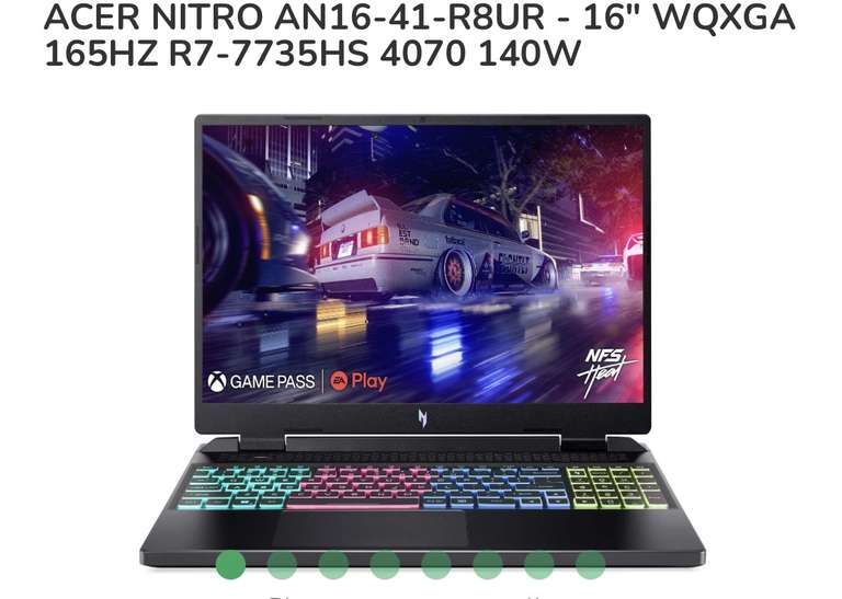 PC portable 16" Acer Nitro AN16-41-R8UR - WQXGA 165 Hz (500 nits), Ryzen7 7735HS, 16 Go de RAM (DDR5 5600), SSD 512 Go, RTX 4070 (TDP 140W)