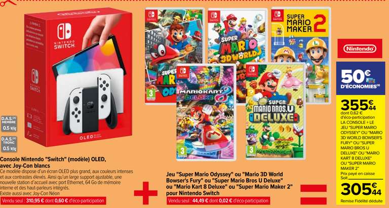 Console Nintendo Switch OLED + 1 Jeu Mario au choix parmi une sélection (Via 50€ sur Carte Fidélité)