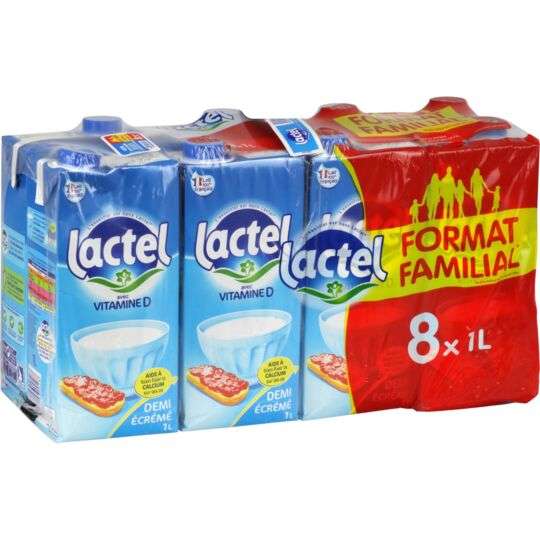 Lot de 2 packs de 8 briques de lait U.H.T. Lactel demi-écremé Vitamine D - 16 x 1L