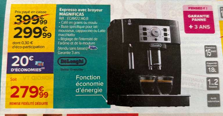 Machine à café Expresso Broyeur Delonghi Magnifica S ECAM 22.140B (via 20€  sur la carte fidélité) –