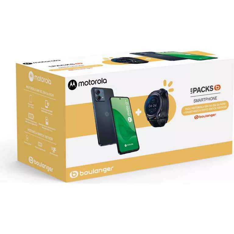 Smartphone 6.5" Motorola G84 5G - Snapdragon 695, Full HD+ Oled 120 Hz, 12/256 (slot Micro SD), 5000 mAh+Montre Motorola 100 (+26,90€ en RP)