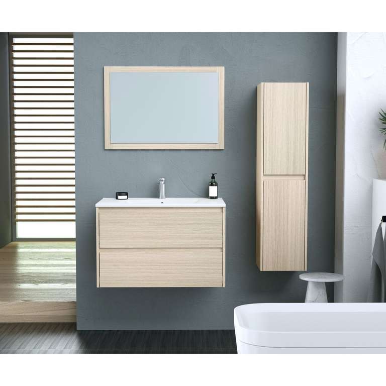 Ensemble meuble de salle de bain Lake - bloc 2 tiroirs avec vasque encastrée et miroir L80 cm