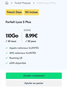 Forfait mobile Lycamobile 5G Appels/SMS illimité + 110 Go de DATA / 11 Go EU (Sans engagement)
