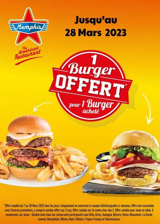 1 burger acheté = 1 burger offert (le moins cher des 2) via Présentation du coupon & Consommation sur Place (Restaurants Participants)