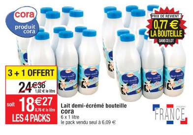 Lot de 4 packs de 6 bouteilles de lait demi écrémé Cora - 24 x 1 L