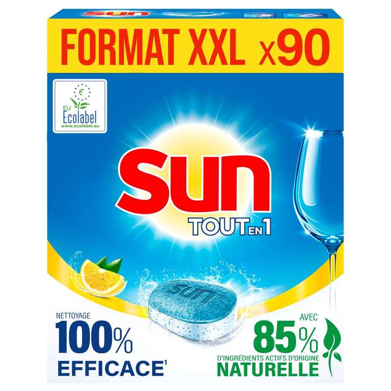 Pack de 90 Pastilles Lave-Vaisselle Tout-en-1 Sun - Citron, 85% Ingrédient Naturel/Ecolabel
