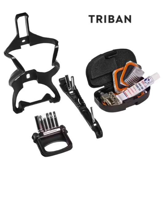Porte-bidon vélo Triban avec outils (multitool, un dérive chaîne, un démonte pneu, , une boite de rustines, et de la colle)