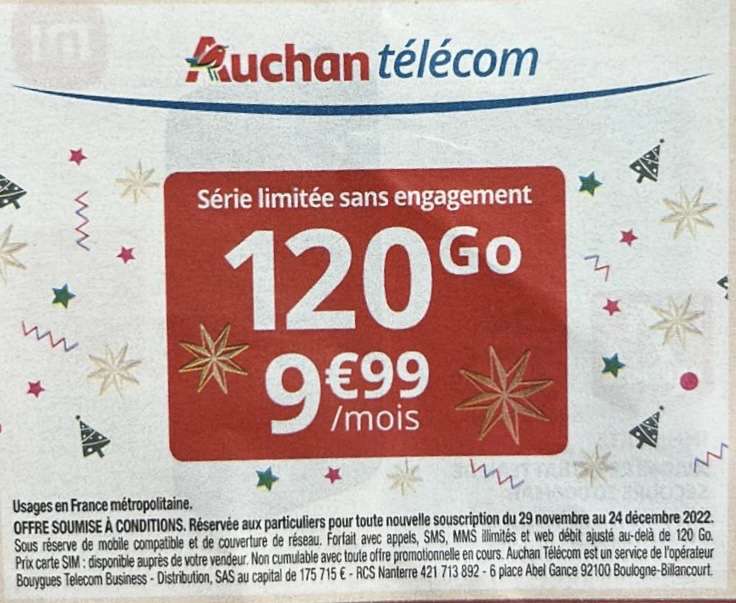 Forfait mensuel Auchan Telecom - appels/SMS/MMS illimités + 120 Go de DATA (sans engagement) - Sélection de magasins