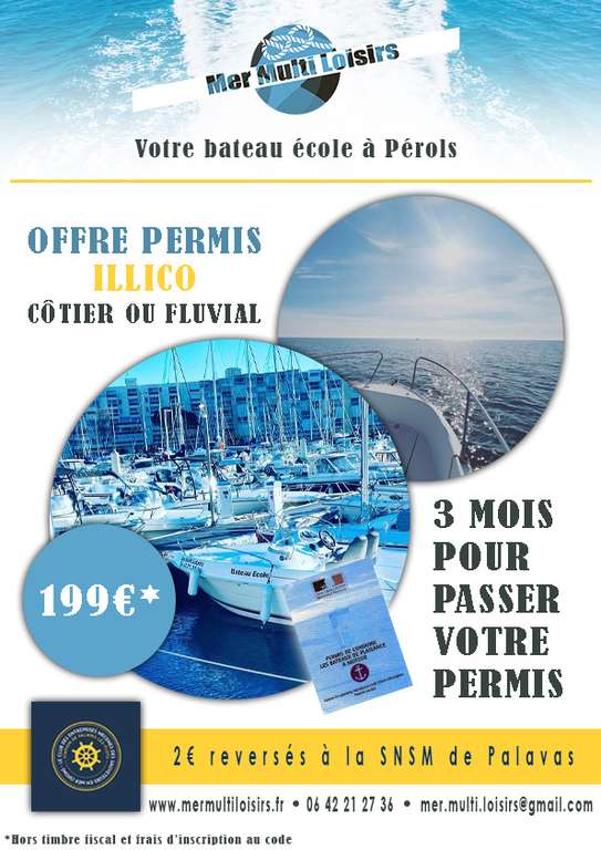 Permis bateau Côtier (Hors timbre fiscal/code) - Mer Multiloisirs (Pérols 34)