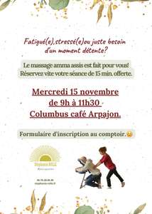 Séance de massage amma assis de 15 min. gratuite - Columbus Café & Co (via réservation) - Arpajon (91)