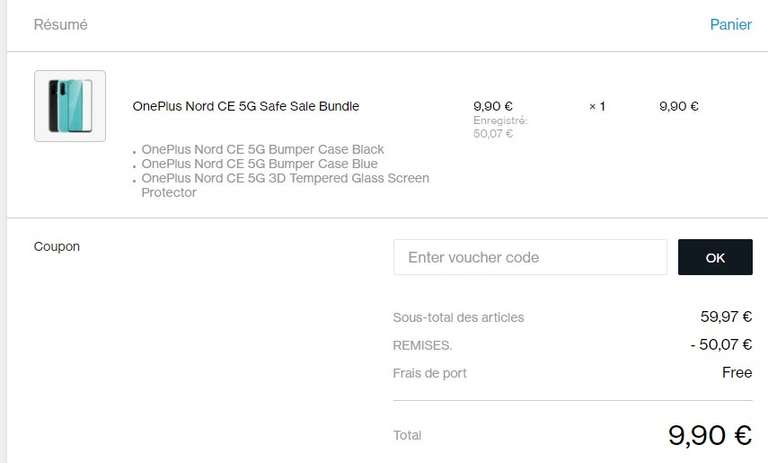 Bundle pour smartphone OnePlus Nord CE 5G Safe Sale : 2 coques (bleue et noire) + protection écran