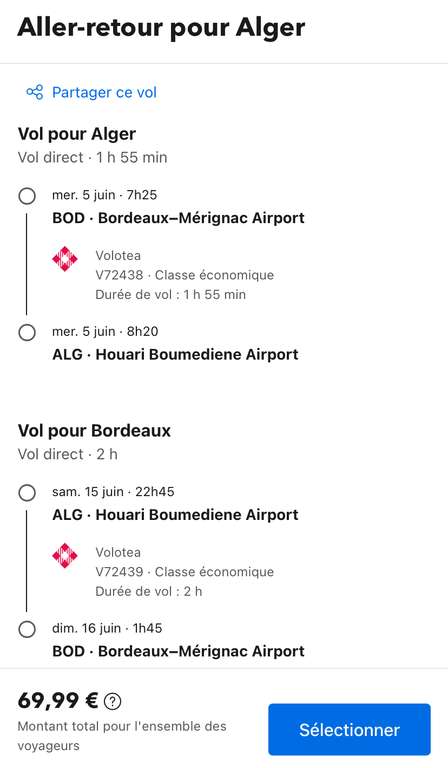 Vol Aller-retour Bordeaux (BOD) <-> Alger (Algérie) - Du 5 au 15 Juin (Bagage à main)