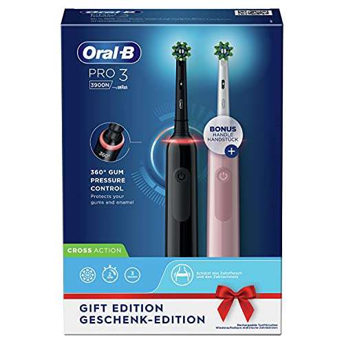 Lot de 2 brosses à dents électriques Oral-B Pro 3 3900N Cross Action Duo - noir & rose