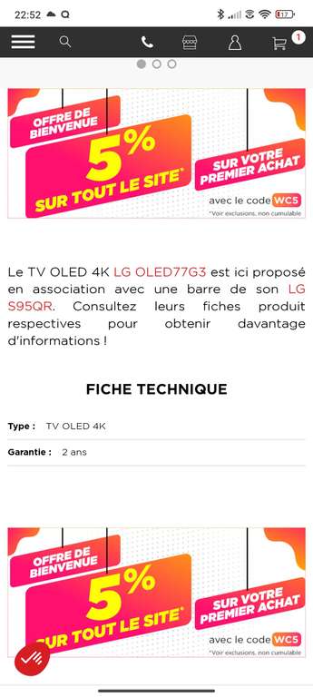 TV 77" LG OLED77G3 - Oled, Smart TV + Barre de son S95QR (via ODR 1000€)
