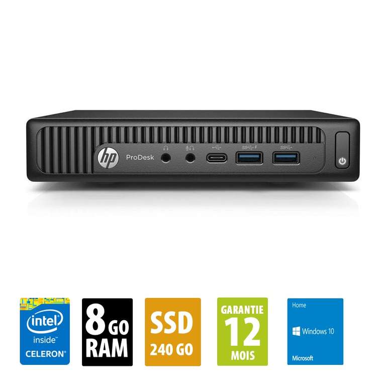 Tour PC HP ProDesk 600 G2 USFF - Celeron G3900T@2,60GHz, 8 Go RAM, 240 Go SSD, Windows 10 Home (Reconditionné - Grade A)