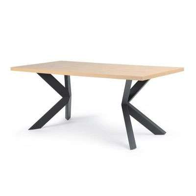 Table à manger fixe Ellior - Pied métal noir, décor chêne, style industriel, 180 x 90 x 76 cm