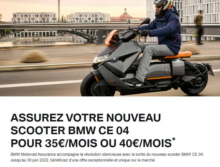 [Pour l'achat d'un scooter BMW CE 04] Contrat d'assurance BMW Motorrad Tous Risques à 35€/mois (bonus >20%) ou 40€/mois (bonus <20%)