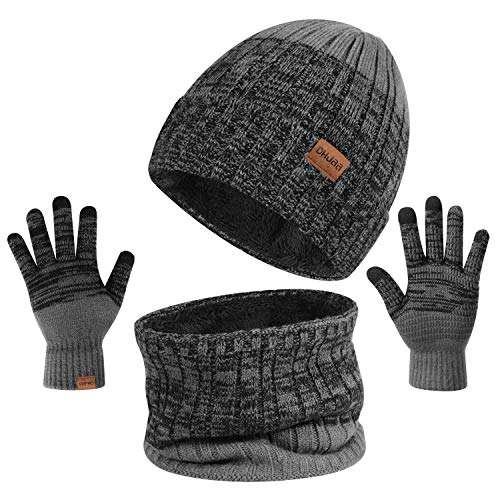 Ensemble bonnet, écharpe et gants d'hiver en polaire chaude tricotée -  Bonnet thermique en laine - Pour sports de plein air, ski, vélo, moufles  pour