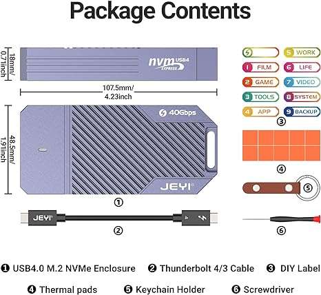 Boîtier externe Jeyi ASM2464 (TB-2464) pour SSD NVMe - 40Gbps USB 4.0, Thunderbolt 4, type-c 3.1