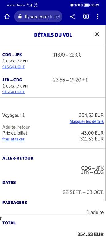 Vol Aller/retour Paris (CDG) <-> New York (JFK) du 22 septembre au 3 octobre, bagage cabine (via la compagnie Scandinavian Airlines)