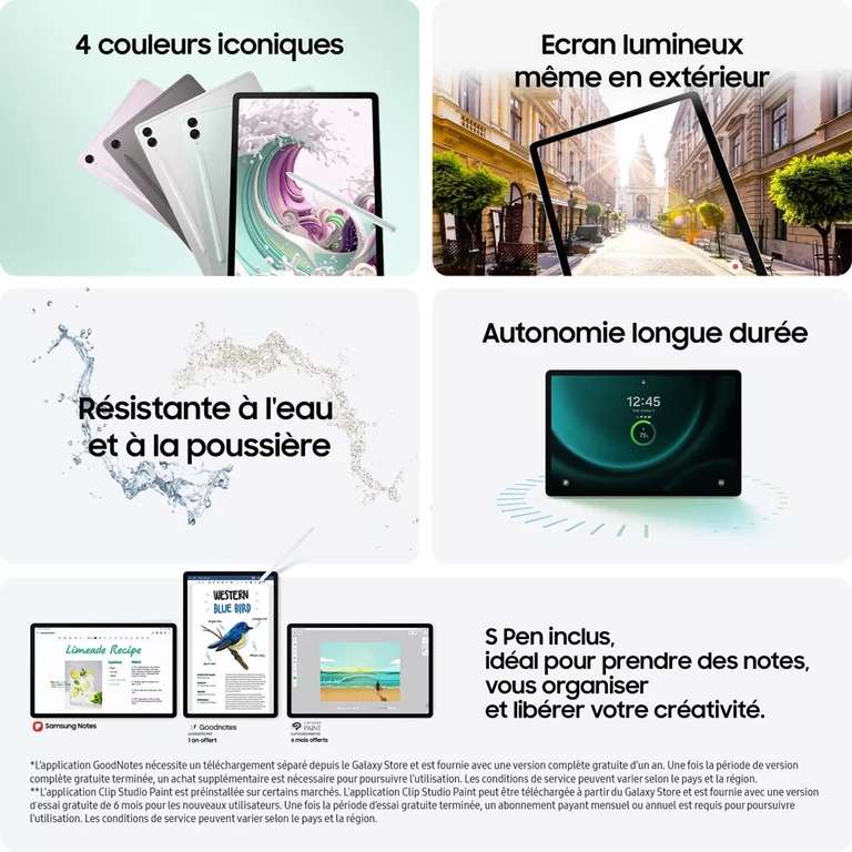 Tablette 10.9" Samsung Galaxy Tab S9 FE - WUXGA+ 90Hz, RAM 6Go, 128Go, 8000mAh, IP68, Exynos 1380, S Pen (Entrepôt France)