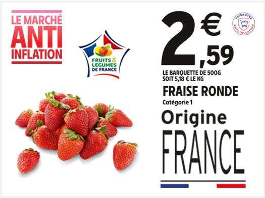 Barquette de 500g de fraises rondes Catégorie 1 Origine France