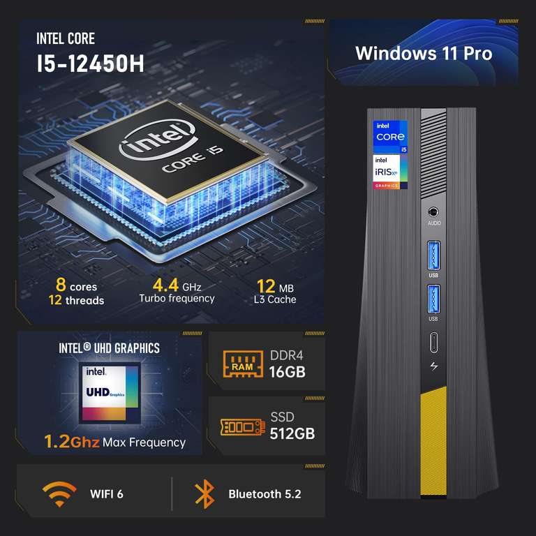 Mini PC, Ιntel i5-12450H (jusqu'à 4.4 GHz), 16Go DDR4, 512Go M.2 2280 NVME SSD, WiFi6, Windows 11 (Vendeur Tiers)