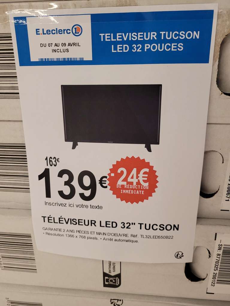 TV LED 32" Tucson TL32LED550B21 - HD, 2 HDMI, 1x USB 2.0 (Pantin 93)
