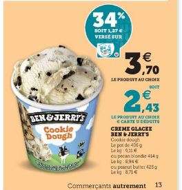 Lot de 2 pots de crème glacée Ben & Jerry's Cookie Dough/Pecan Blondie/Peanut Butter (via 2,54€ carte de fidélité et via BDR MVEC 1,50€)