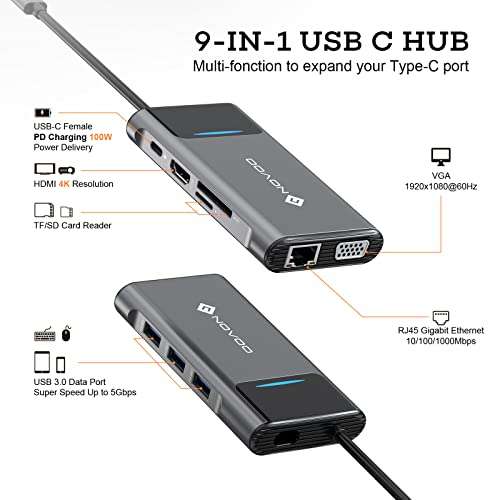 Adaptateur USB C, USB-C vers HDMI et VGA, Ethernet RJ45, Port Audio,  Lecture Carte SD/