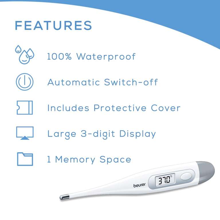 Thermomètre numérique Beurer FT 09 - résistant à l'eau, écran LCD (+/- 0,1 ºC), signal acoustique, sans mercure