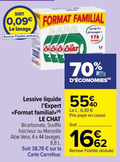 Lessive liquide Le Chat l'Expert Format familial - 4x 44 Lavages (Via 38,78€ sur Carte Fidélité)