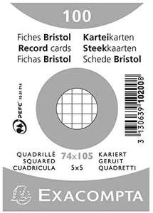 Paquet de 100 Fiches Bristol sous film Exacompta 10200SE - 74x105mm, quadrillées 5x5mm, Non perforées, Blanches