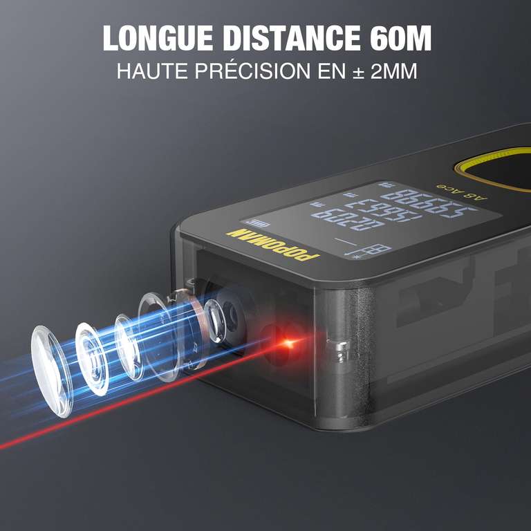 Télémètre Laser 60m Popoman - Rétroéclairage LCD, Batterie Rechargeable, Type-C, IP54 (via coupon, vendeur tiers)