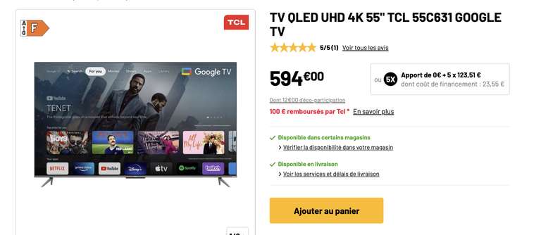 TV QLED 55" TCL 55C631 - UHD 4K, Google TV (Via ODR 100€)