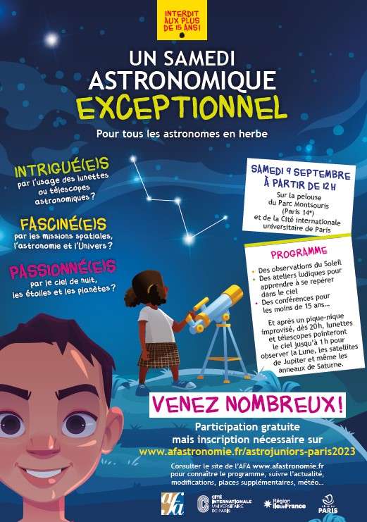 [Jusqu'à 15 ans] Initiation et Observation au télescope, Ateliers Astrojunior & Animations gratuits le 09 /09 (sur inscription) - Paris (75)